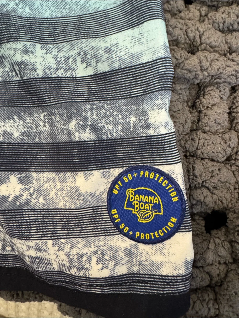 Banana Republic Blue & Black Striped Swim Shorts with Yellow Logo Patch